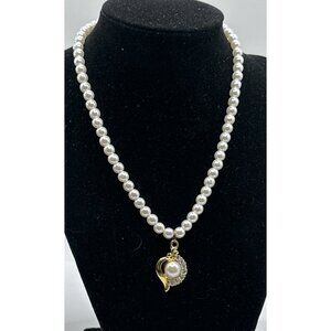 White 5mm Faux Pearl Necklace With Pendent Gold Tone Rhinestones  15”’ Chocker